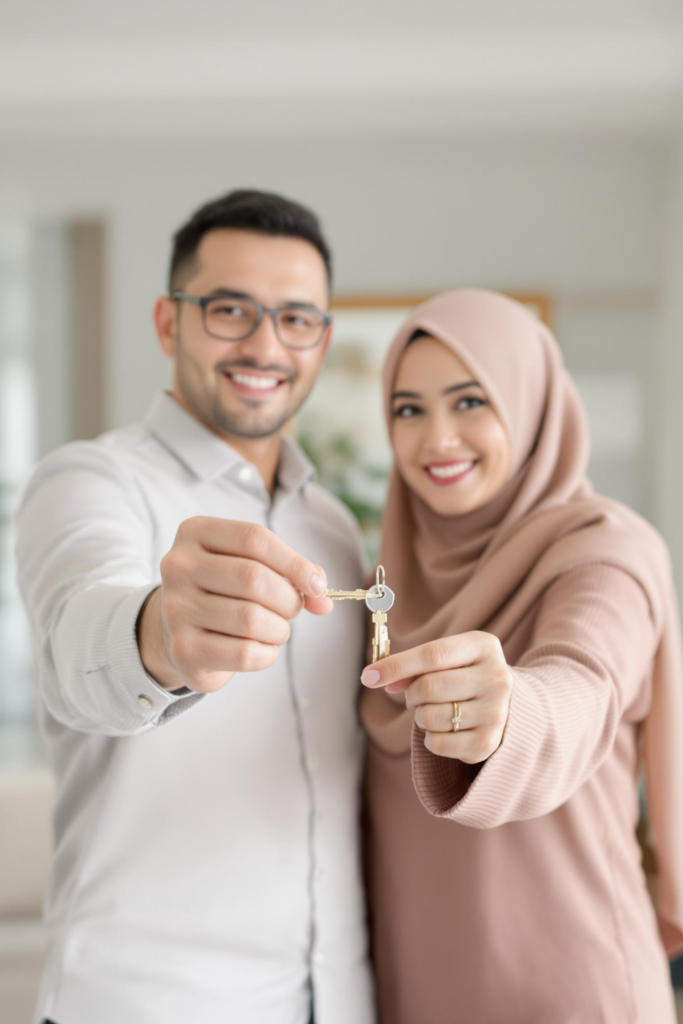 A malay couple husband and wife holding hands and smiling to the camera inside a living room. they are holding a set of keys to their new house. their faces are clear. the lady is wearing a tudung.